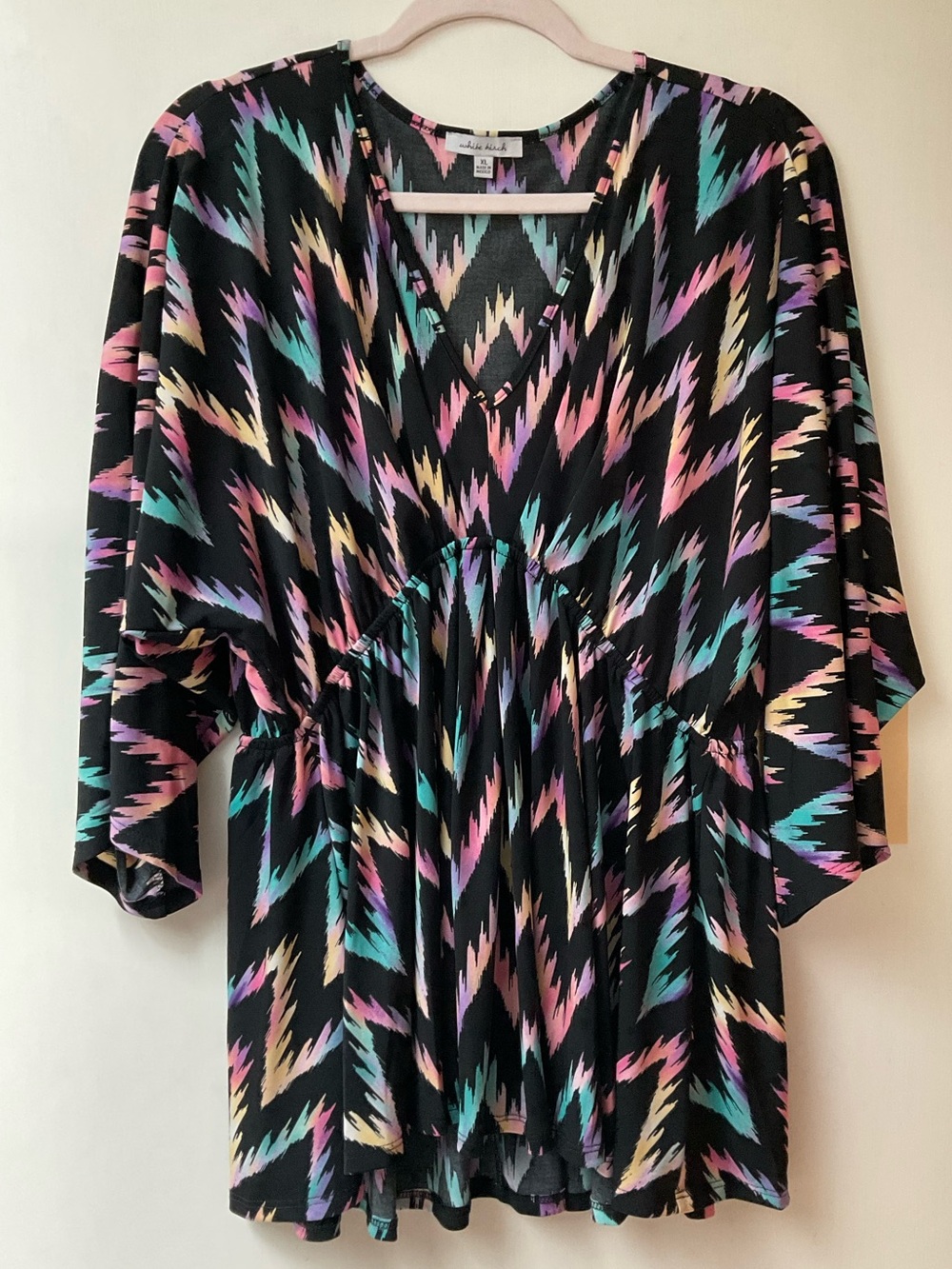 Black V-Neck Peplum Top with Pastel Aztec Print